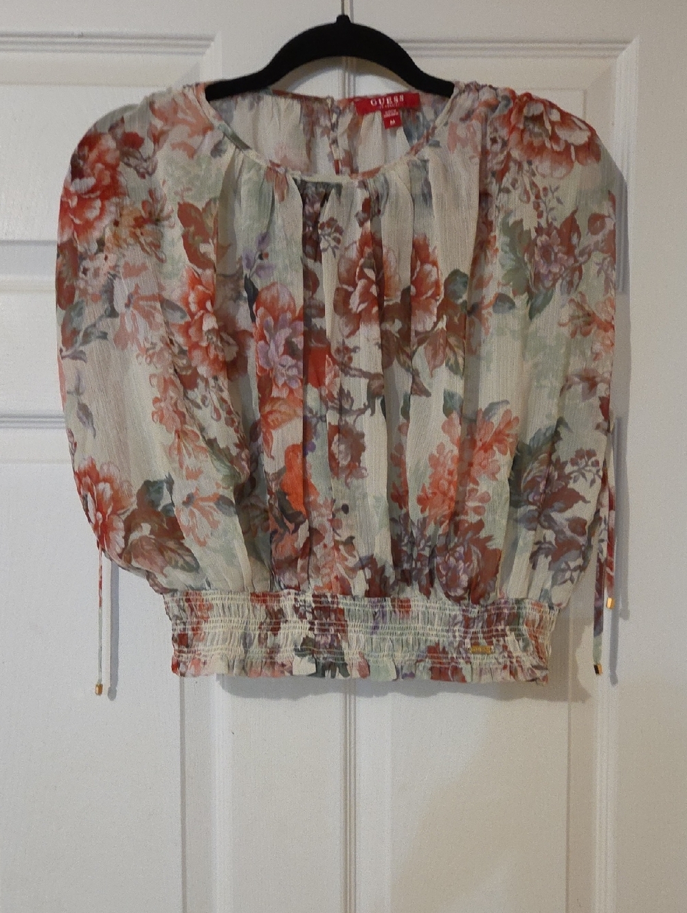 GUESS Floral Peasant Blouse in Cream, Coral and Green